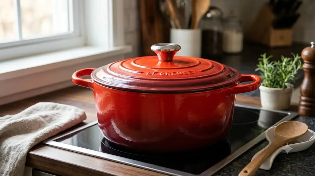 Guide pour savoir comment choisir sa première cocotte en fonte émaillée ronde rouge traditionnelle posée sur une plaque de cuisson