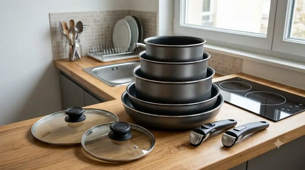 Batterie de cuisine pour studio avec casseroles et poêles empilables pour optimiser le rangement dans une kitchenette