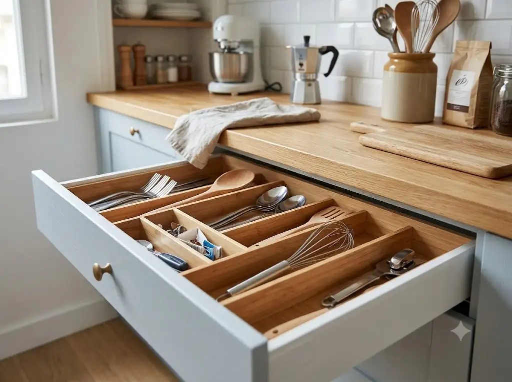 Tiroir coulissant avec séparateurs astucieux pour organiser les ustensiles dans une petite cuisine parisienne. (organiser cuisine petit espace)