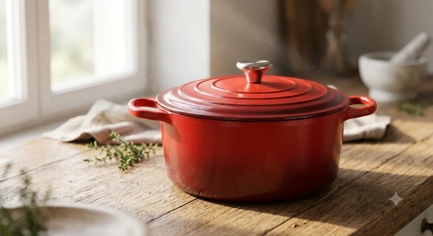 Cocotte in ghisa smaltata rossa di forma rotonda con coperchio e manici ergonomici
