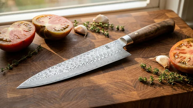 Set di coltelli da cucina giapponesi in acciaio damasco con motivo ondulato su tagliere in legno