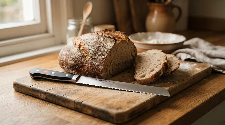 Un coltello da pane professionale con lama seghettata pronto per tagliare una pagnotta croccante su un tagliere in legno.