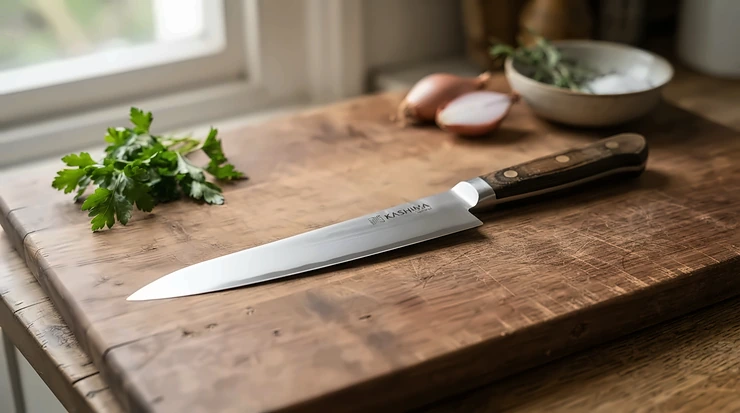 Un coltello per sfilettare con lama flessibile appoggiato su un tagliere in legno in cucina