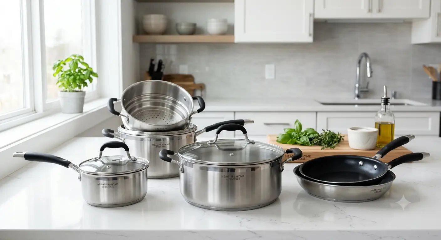 Set di pentole economiche di qualita a meno di 30 euro disposte su una cucina moderna