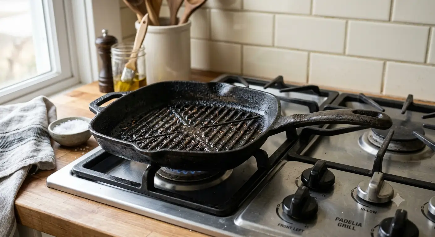Padella grill in ghisa nera ideale per ottenere una cottura perfetta con tipiche striature da griglia