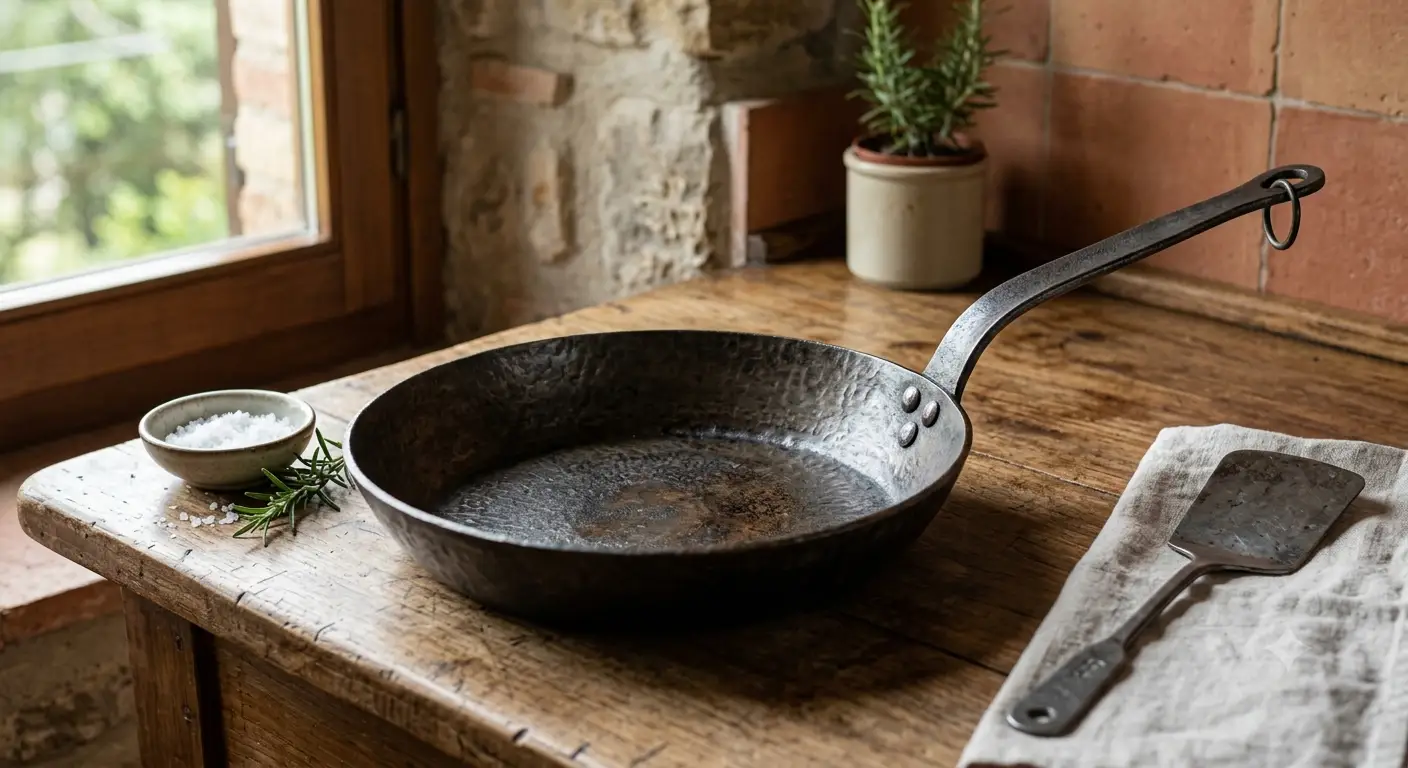 Padella in ferro classica ideale per una cottura uniforme e naturale dei cibi.