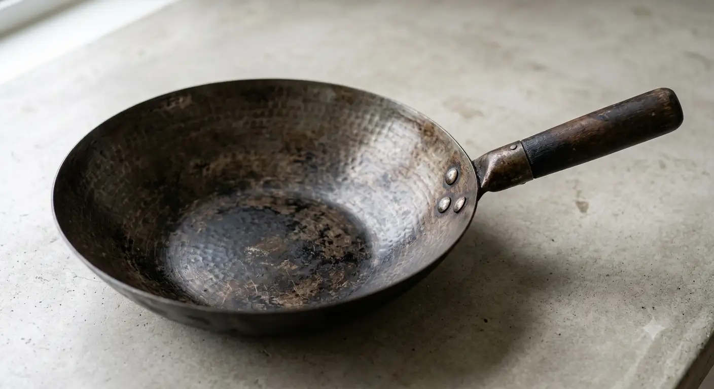 Padella wok tradizionale in acciaio con manico su sfondo neutro