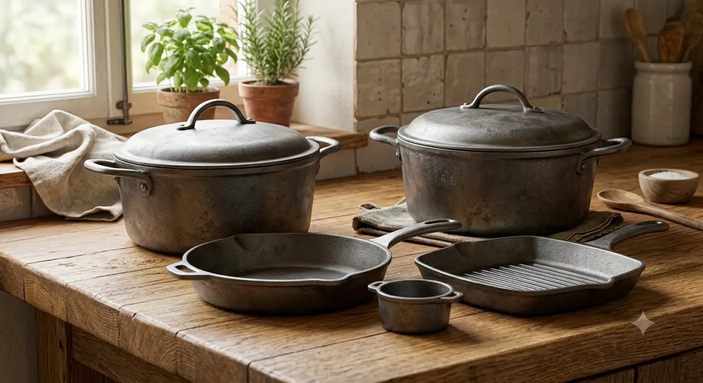 Set di pentole in ghisa grezza tradizionali disposte su un piano da cucina in legno