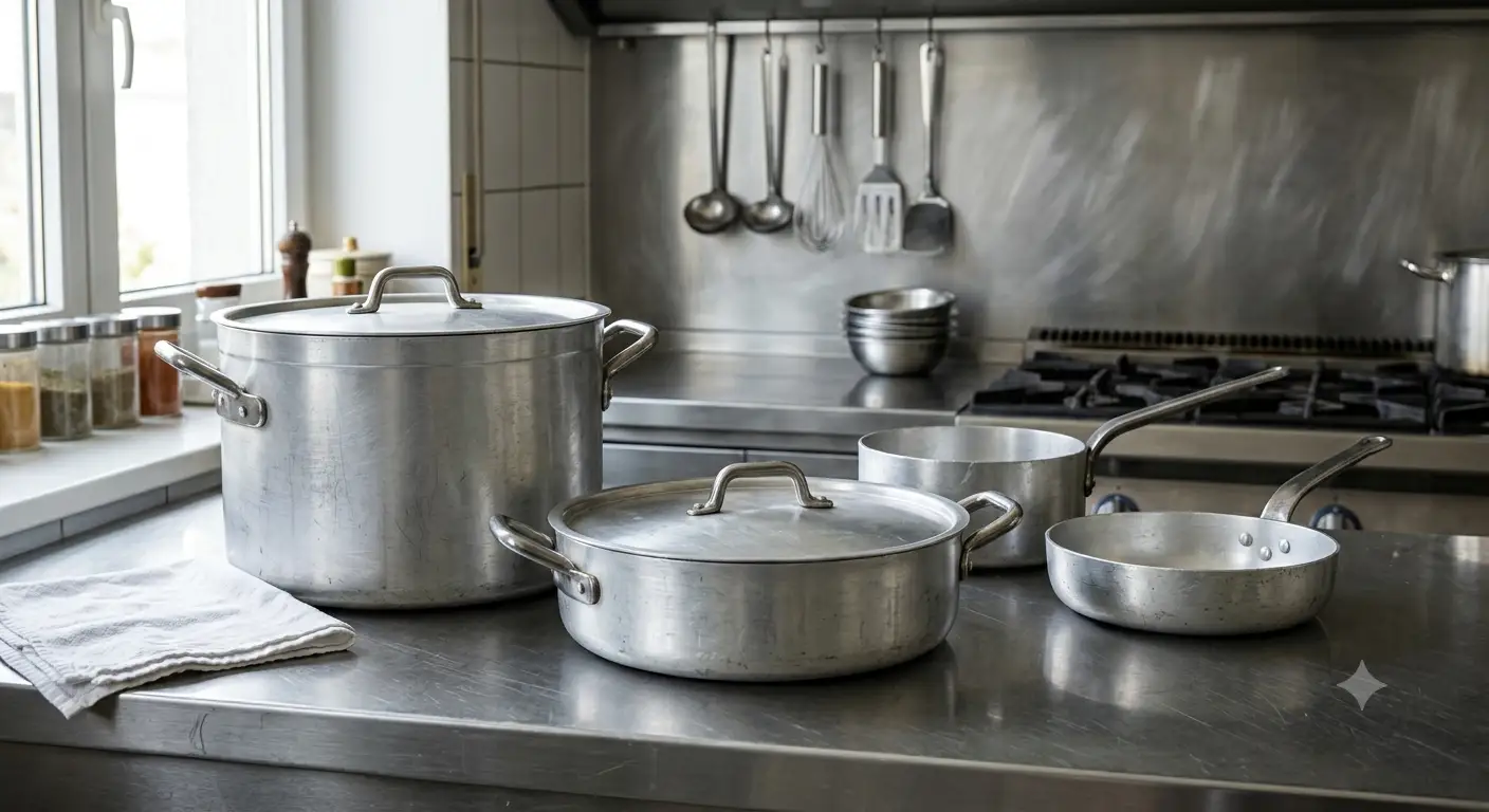 Set di pentole in alluminio professionali disposte su un piano da cucina in acciaio