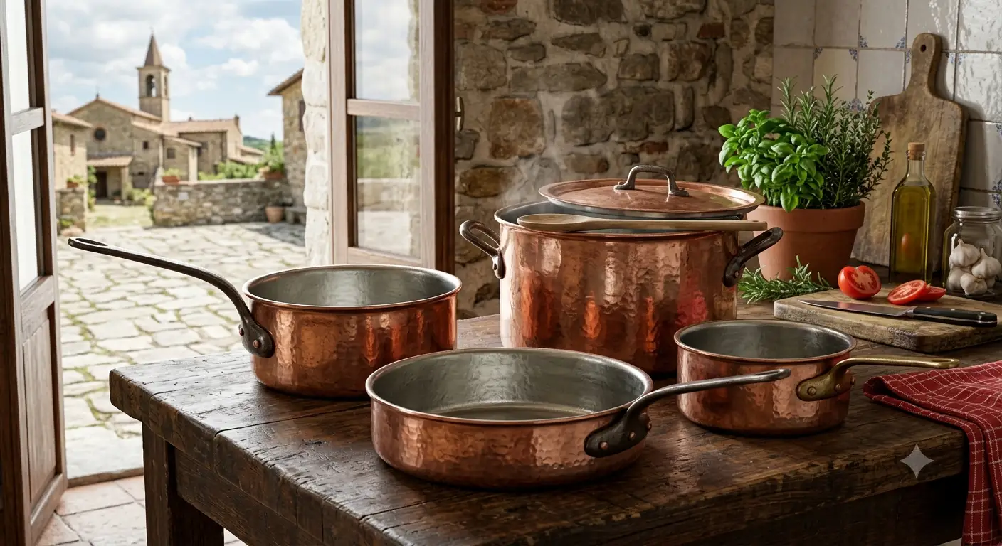 Set di pentole in rame artigianali per la cucina italiana tradizionale