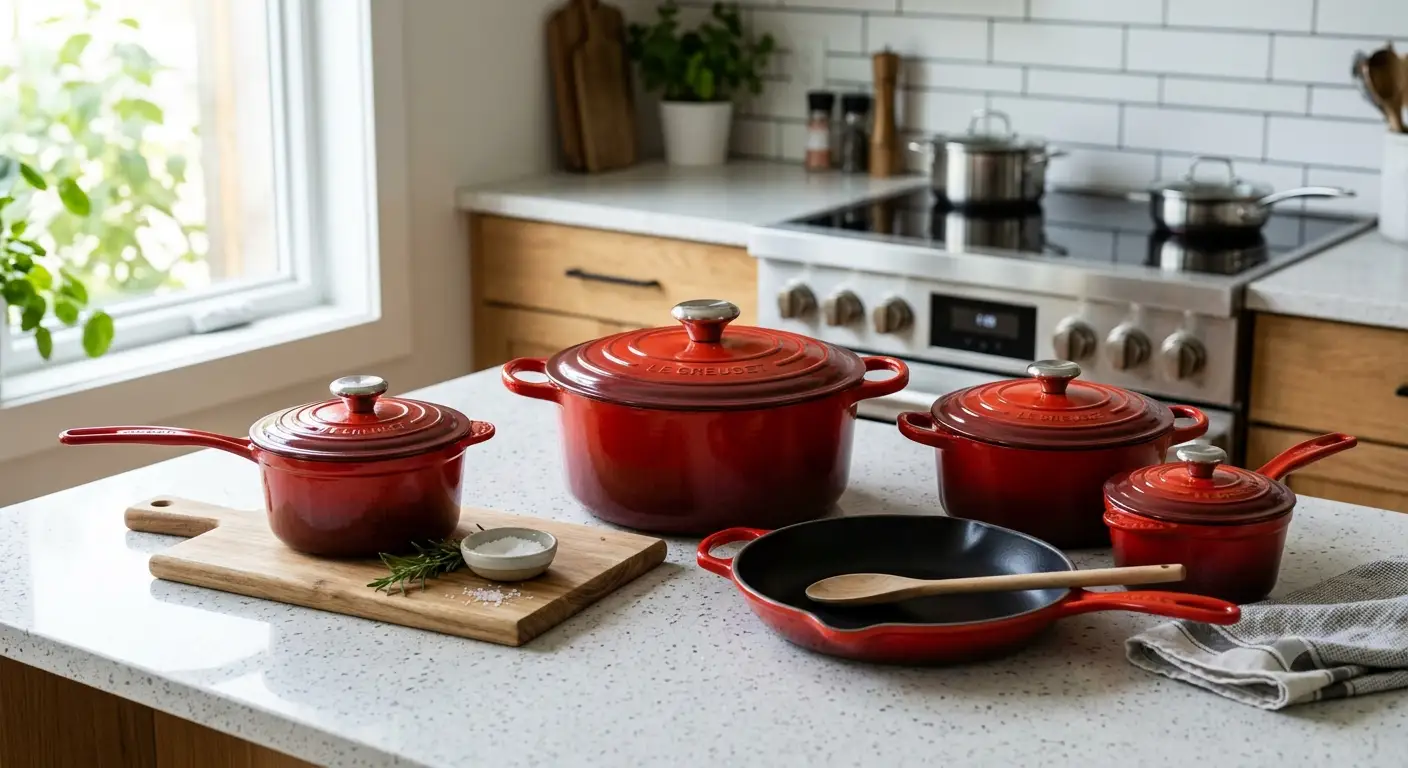 Set di pentole Le Creuset in ghisa smaltata di colore rosso ciliegia posizionate su una cucina moderna
