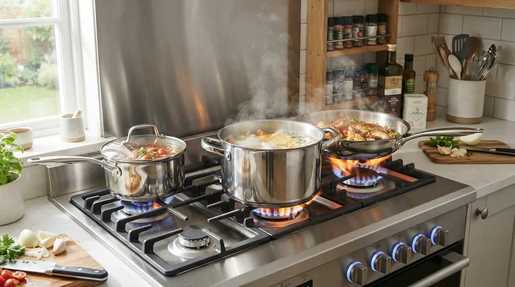 Set di pentole per piano a gas in acciaio inox posizionate sui fuochi accesi della cucina