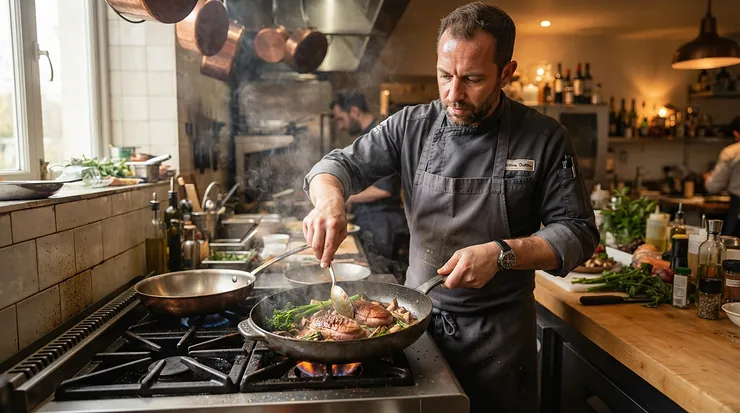Set di pentole premium oltre 100 euro di altissima qualita professionale utilizzate da uno chef in una cucina moderna