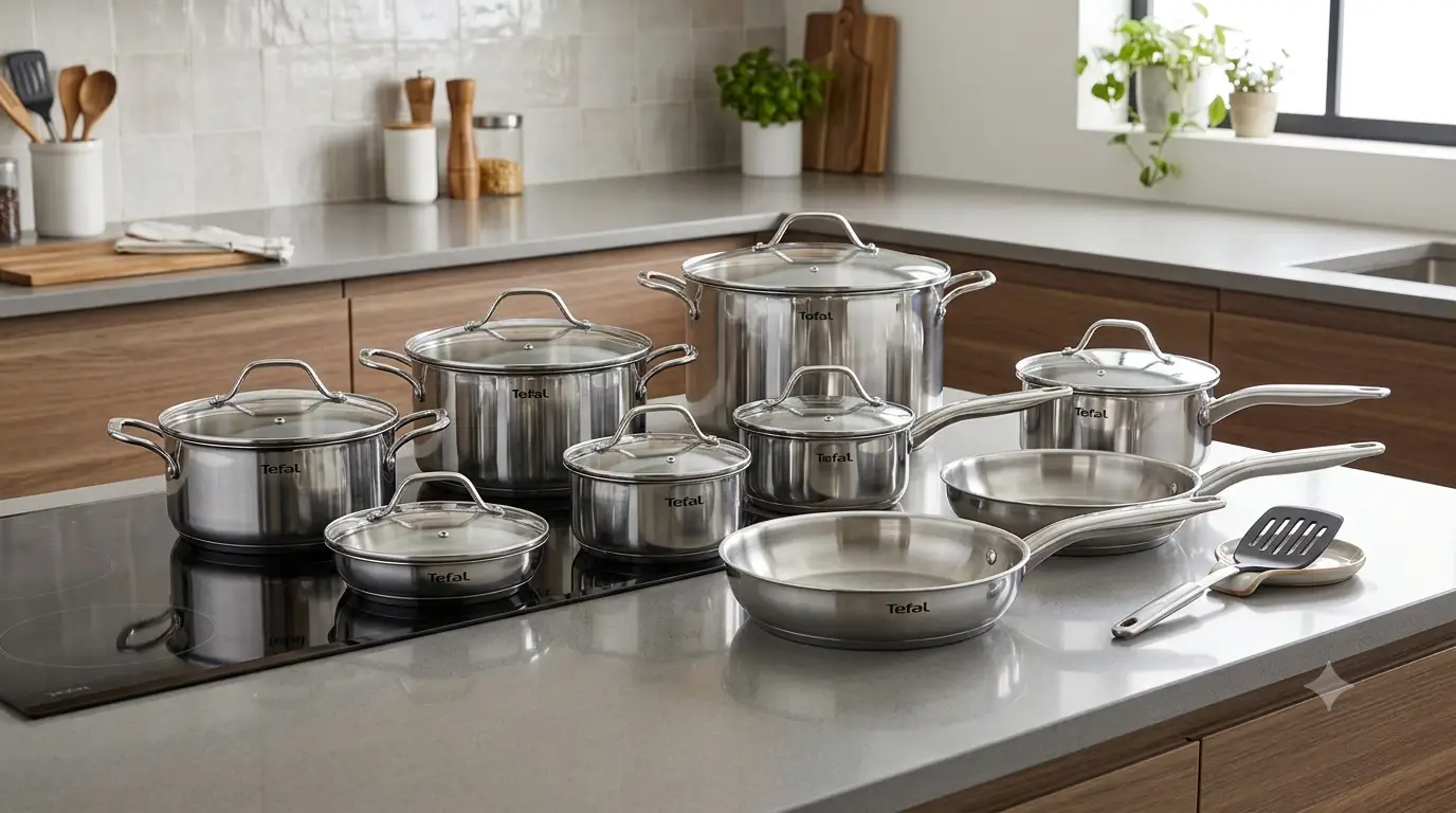 Set completo di pentole tefal in acciaio inossidabile di alta qualità per cucina
