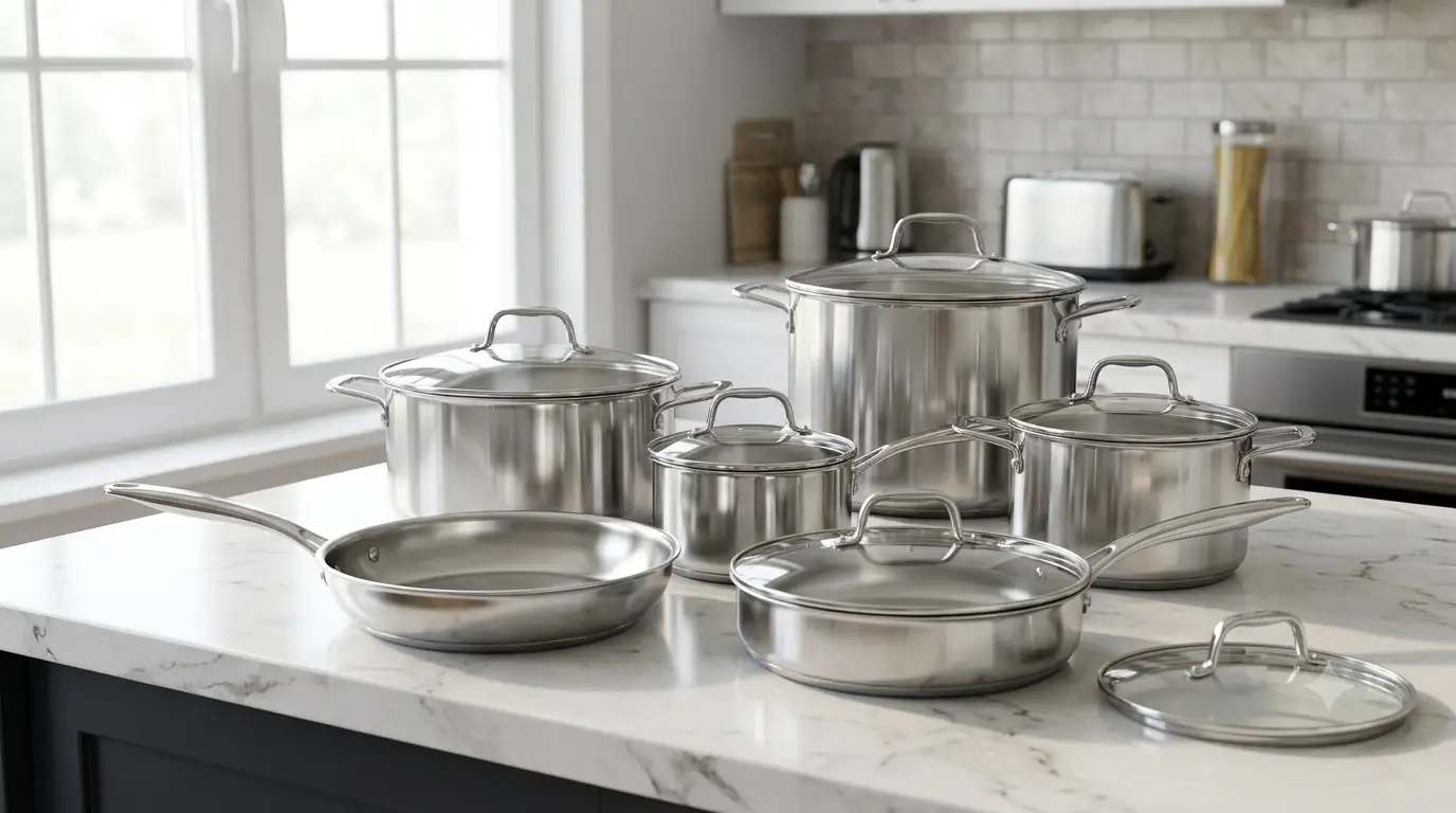 Set pentole 10 pezzi in acciaio inox disposte su un piano di lavoro da cucina