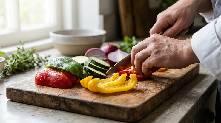 Un tagliere in bambù ecologico utilizzato per tagliare verdure fresche su un tavolo da cucina in legno.