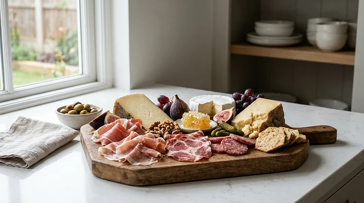Un tagliere in ulivo artigianale posato su un tagliere di legno in cucina con salumi e formaggi